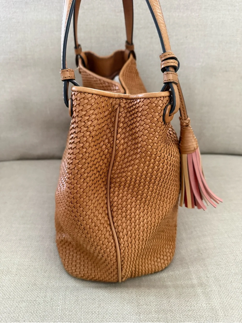 Tory Burch Tan Woven Leather Satchel with Pink & Cream Tassels - Picture 2 of 8